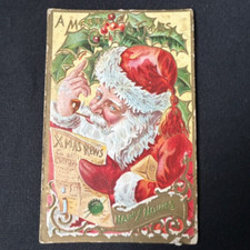Vtg 1909 Embossed Christmas Postcard Santa Reading Xmas News Smoking Pipe Gold picture