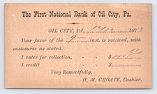 1873 First National Bank of Oil City Postal Card PA to Mohawk Valley Bank NY picture