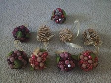 Vintage Frosted Red Berries Kissing Ball & Pinecone Ornaments 9 Lot Pre-owned picture