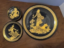 Thai Lacquer Black Gold Decorative Wall Hanging Plates Set of 3 picture
