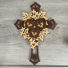 Handcrafted Wooden Cross 3 Layer With Pansies Scroll Work 9.5” Wall Table Decor picture
