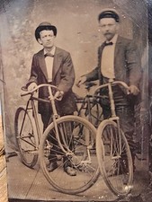 1880s 1890s Antique Tin Type Photo 2 Men Cyclist  Bicycle Bikes Geneva Racer? picture
