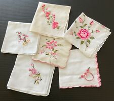 Vintage Lot of 6 Pink Floral Corner Designs on White Handkerchief's. 11 X 11 picture