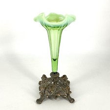 Victorian Glass Epergne Trumpet Vase Green Opaline Metal Base Antique picture