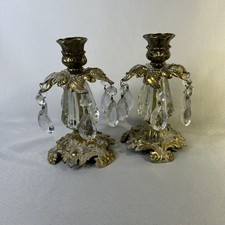 Vintage L&L WMC 1973 Brass Crystal Prisms Candle Stick Holders 9320- Set of 2 picture