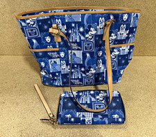 Dooney & Bourke Disney Mickey Mouse Magic Kingdom Large Blue/Tan Tote+Zip Wallet picture