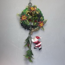 Vtg Santa Christmas Wreath Wall Hanging 15” Hong Kong Plastic Holly Bells Bird picture