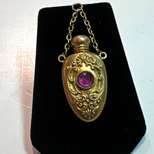 Antique Ornate sterling gold tonePerfume Bottle with Chain, Purple stone pendant picture