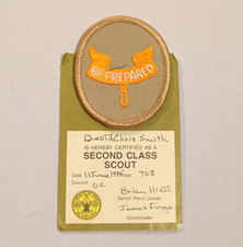 Boy Scouts Second Class Scout Patch w/ 1988 Certification Card Signed picture