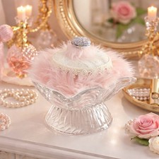 Soft Luxury Pink Retro Powder Puff In Crystal Dish Boudoir Vanity Gift Shabby picture