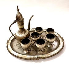 Vintage Hand Crafted Brass Middle Eastern Bone Inlays Engraved Coffee Set of 8 picture