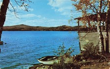 Vintage Lake Cabin Scenic Waterfront Chrome Postcard Canoe Mountain View Unused  picture