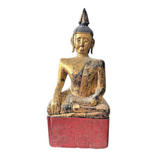 Antique Thai Gold Gilt Wood Carved Seated Buddha Statue on Red Base picture