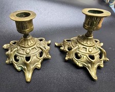 Vintage French Rococo Style Footed Brass Ornate  Candlestick Holders Baroque  picture