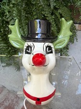 RARE 9x7 Vtg Ceramic Christmas Rudolph Red Nose Reindeer Wall Light Up Lamp picture