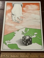 Surrealist Political, Postcard 1984,Hand over world Map, Black Die,Dove and Bomb picture