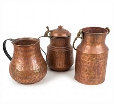 Vintage Hammered Copper Pitchers Vessels Set of 3 Lidded Pot Rustic Decor picture