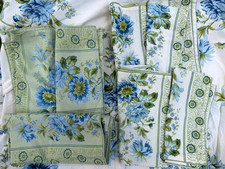 Vintage April Cornell Classic Florals Tablecloth & Napkins White Blue Green 78