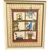 Vintage Yarn Crewel Embroidery Mod Mid Century Still Life Girls Wall Decor picture
