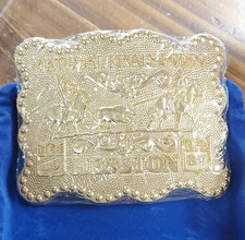Hesston NFR 1987 Gold-Plated Western Americana Belt Buckle w/ Display Box picture