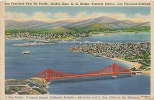 Postcard CA: San Francisco Golden Gate Bridge Aerial View, Linen Posted 1945 picture