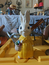 Vintage Easter Bunny Rabbit Figurine Hand Painted Ceramic Yellow Dress w/ Basket picture