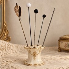 Antique Edwardian Hatpin Lot 5 Cowrie Shell Black White Bead Long Pins picture
