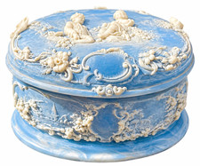 Vintage Incolay Stone Blue Cherub Jewelry Box w Original Literature USA picture