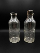 Pair Vintage Mojonnier Embossed Glass Milk Bottles Patented 1921 With Stoppers picture