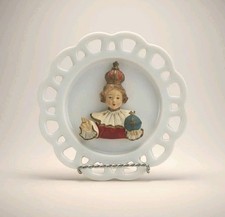 Vintage Catholic Infant of Prague Wall Plaque Milk Glass Lace Edge Plate RARE picture