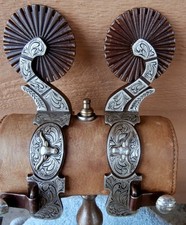Big 2-1/2 in. Rowels Cowboy Buckaroo Engraved Silver Steer Head Spurs picture