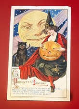 Antique 1912 John Winsch Halloween Postcard Samuel Schmucker Witch Moon Cat JOL picture