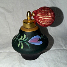Vintage Green Glass Perfume Bottle w/ Red Sprayer & Hand Painted Florals picture