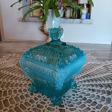 Antique Northwood Blue Opalescent Art Glass Candy/Sugar Bowl With Lid - Alaska picture