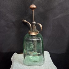 Vintage Green Leaf Glass Bottle Brass Pump Mister Sprayer Atomizer Decor Works picture