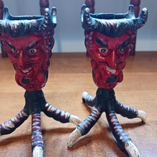 Antique Cast Iron Devil Head Candle Holder Chicken Talon Orig. Paint HALLOWEEN picture