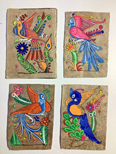 Mexican Amate Bark Folk Art Handmade Painting - Birds - Four Paintings - 4 x 6 picture