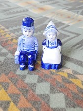 Vintage Delft Blue Dutch Boy & Girl Salt & Pepper Shaker Set 80s Home Classic picture