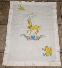 Vintage 60s Deer Bird Squirrel Flowers Yellow Baby Blanket Penney’s picture