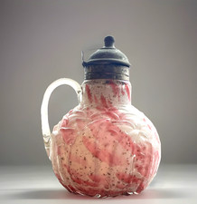 ANTIQUE NORTHWOOD LEAF MOLD SYRUP PITCHER CRANBERRY SPLATTER RARE (1D picture