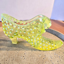 Vintage Fenton Hobnail Topaz Opalescent Vaseline Glass Cat Head Slipper UV picture