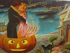 Halloween Postcard Haunted Castle Fantasy Kissing Couple Antique Sanders Unused  picture