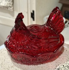 Handcrafted Glass Red Hen On Nest, Large, 9x5” Removable Lid,  Etched picture