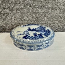 Vintage Blue White Oriental Landscape Decorative Trinket Box Oval Lid picture