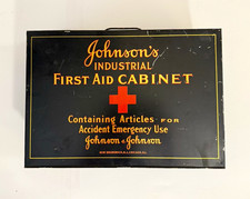 Antique Johnson & Johnson Industrial First Aid Cabinet Complete Contents c 1930s picture