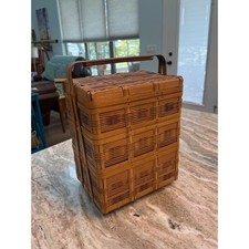 Vintage Chinese Wedding Basket 3 Tier Stacking Woven Bamboo Picnic Box Wood picture