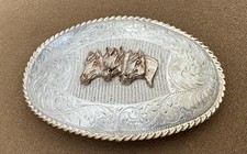 VTG AWESOME Unbranded Old Western American Sterling Silver OL Horses Belt Buckle picture