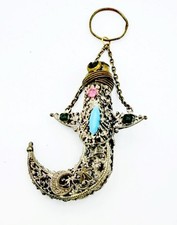 Antique 1800s Chatelaine Silver-Tone Jeweled Filigree Perfume Scent Bottle picture