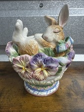 RARE Fitz & Floyd Halcyon SLEEPING Bunny Rabbit Basket Easter Floral Spring VTG picture