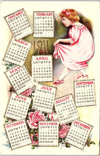 Vintage Postcard 1910 Calendar Girl Roses Art Nouveau Holiday Greeting picture